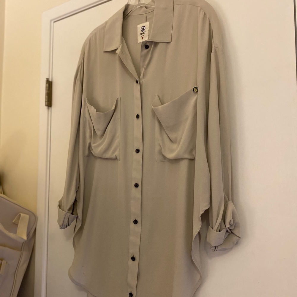 Ever Beige Silk Relaxed Collared Blouse